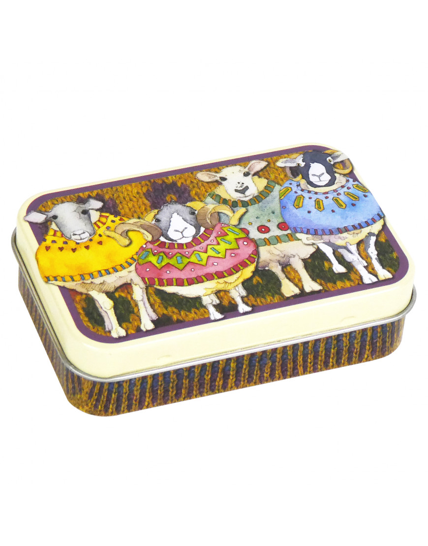 Emma Ball Mini Hinged Tin Sheep in sweaters  T182